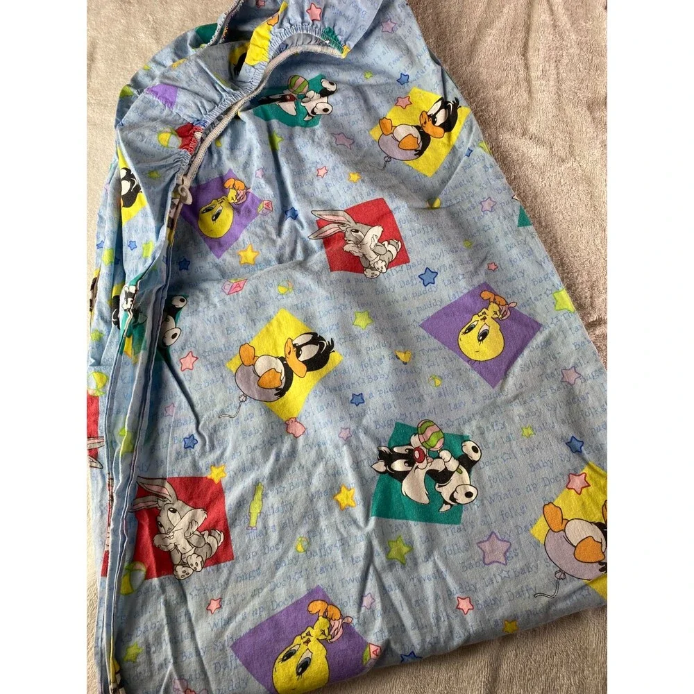 Vintage Looney Tunes Babies Blue Fitted Crib Sheet Tweety Bugs Daffy Sylvester
